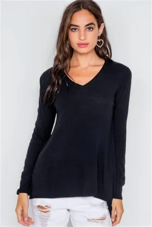 Black Knit V-Neck Solid Long Sleeve Lightweight Sweater