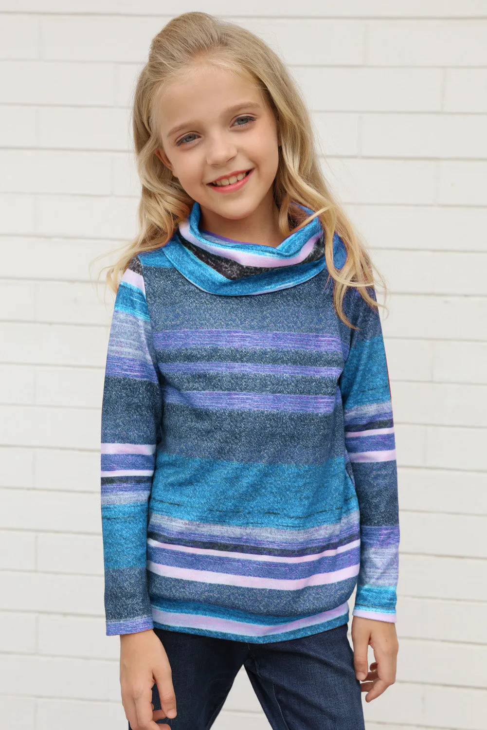 Girls Long Sleeve Mock Neck Striped Top