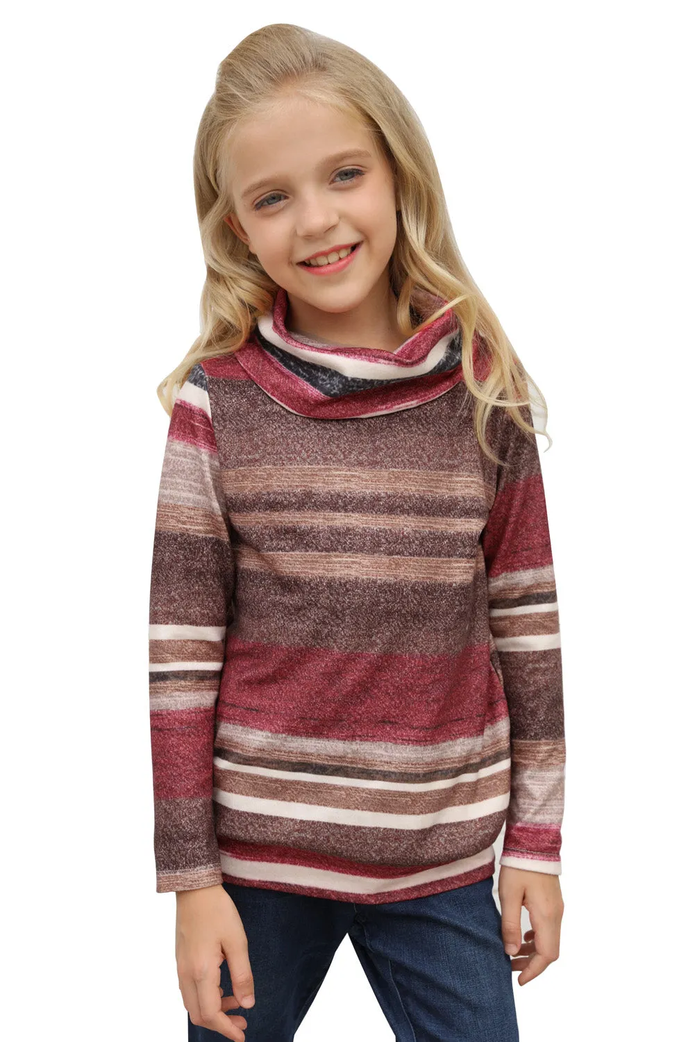Girls Long Sleeve Mock Neck Striped Top