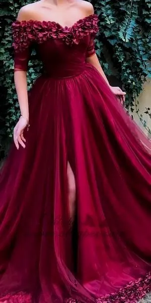 Half Sleeve Burgundy Prom Dress