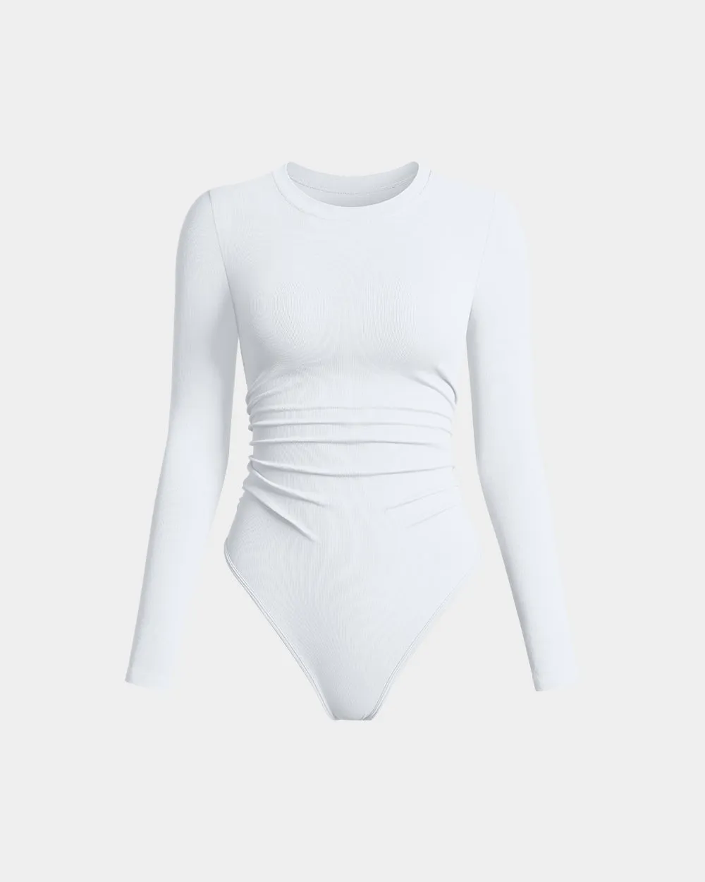 Ruched Crew Neck Long Sleeve Stretch Bodysuits