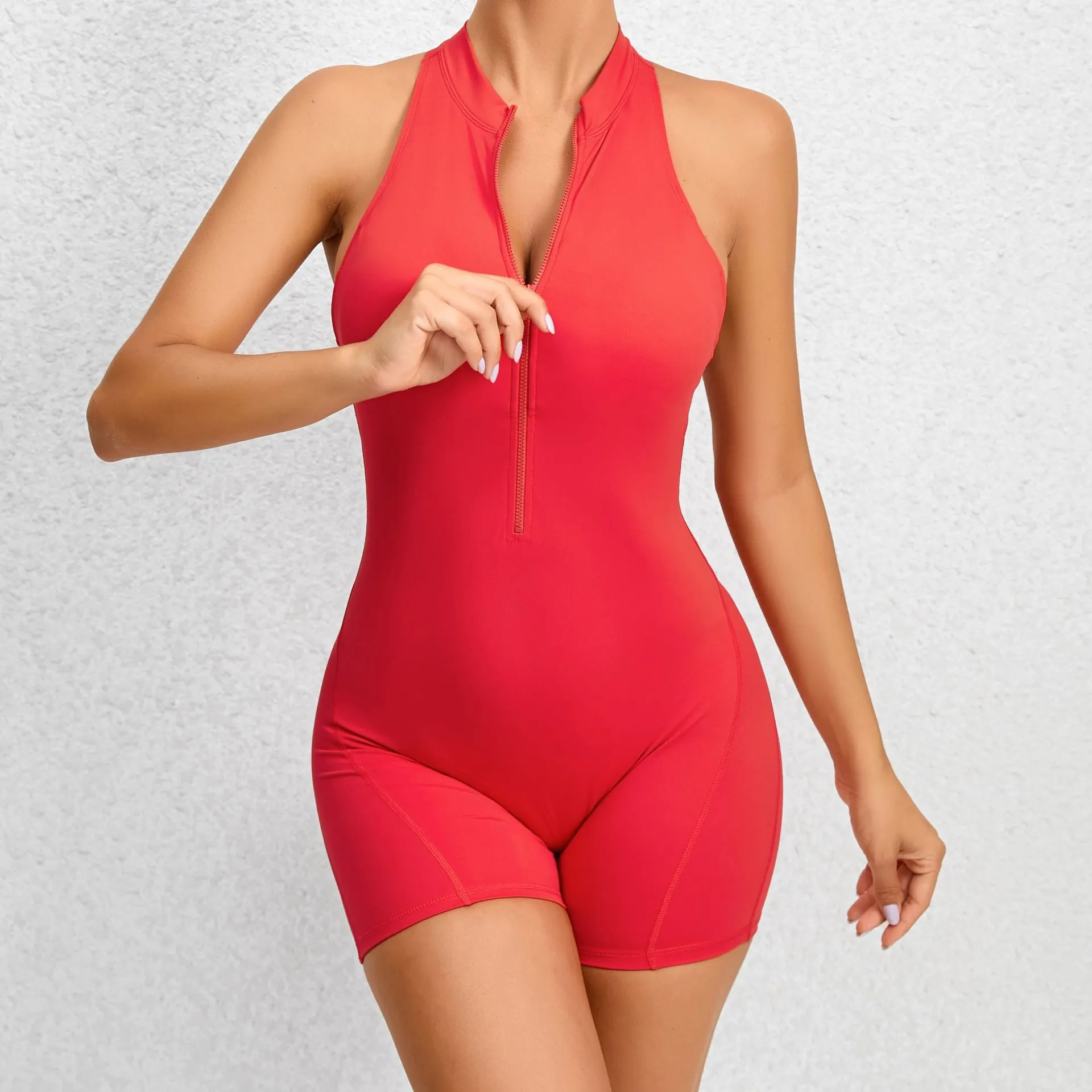 Trend4us Zippered Stretch Yoga Short Jumpsuit